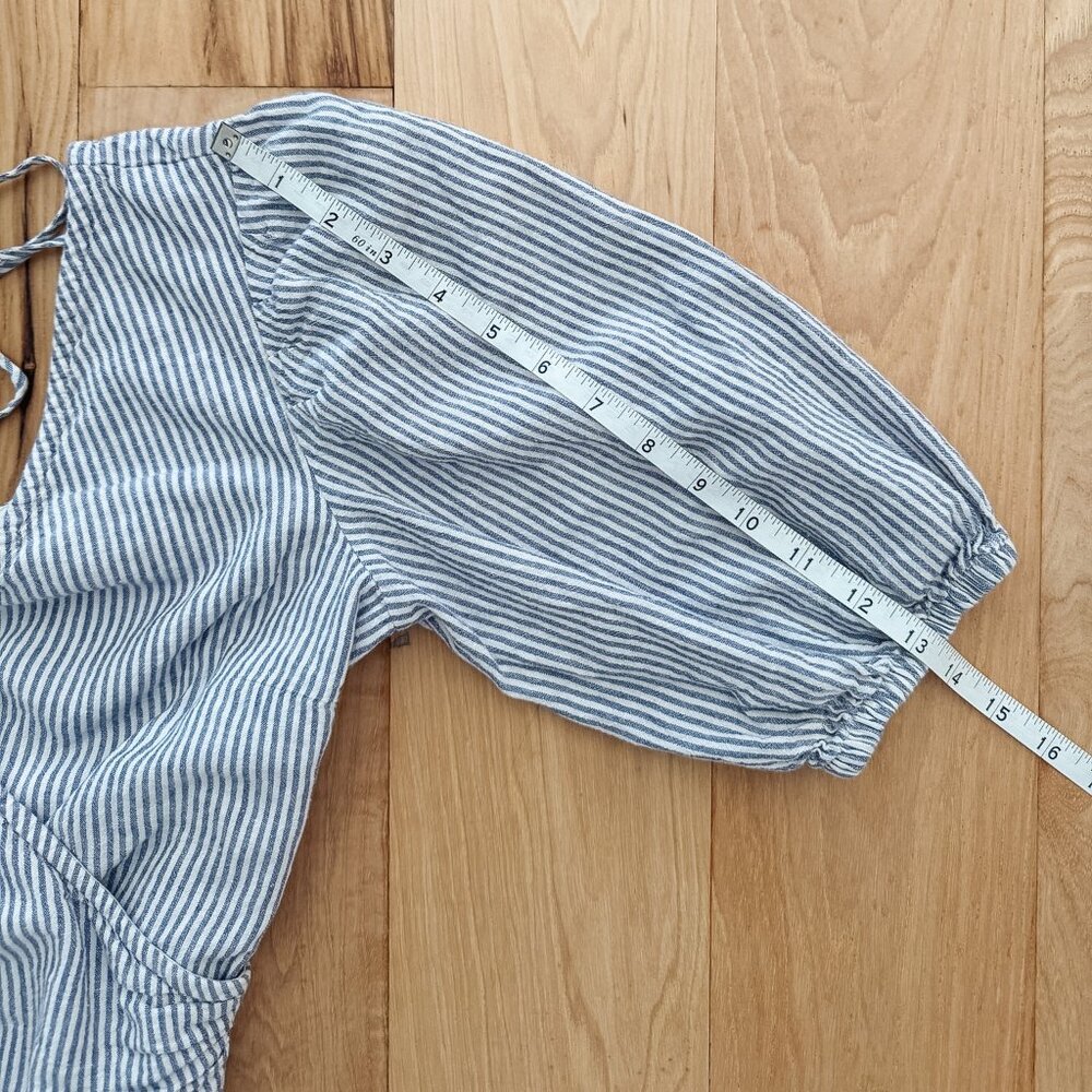 Abercrombie & Fitch Striped Linen Wrap Crop Top | Puff Sleeve | Smocked Back | S - Picture 10 of 12